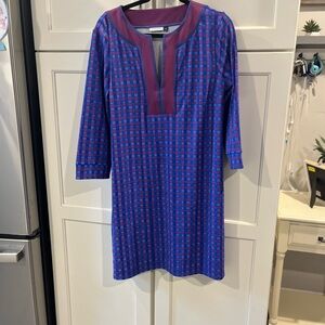 Cabana Life Blue and Red Plunge Neck 3/4 Sleeve Dress/Swim Coverup